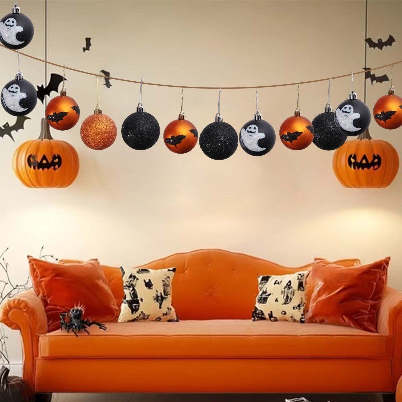 6Pcs/Set Halloween Black Orange Pumpkin Ghost Bat Print Hanging Round ...