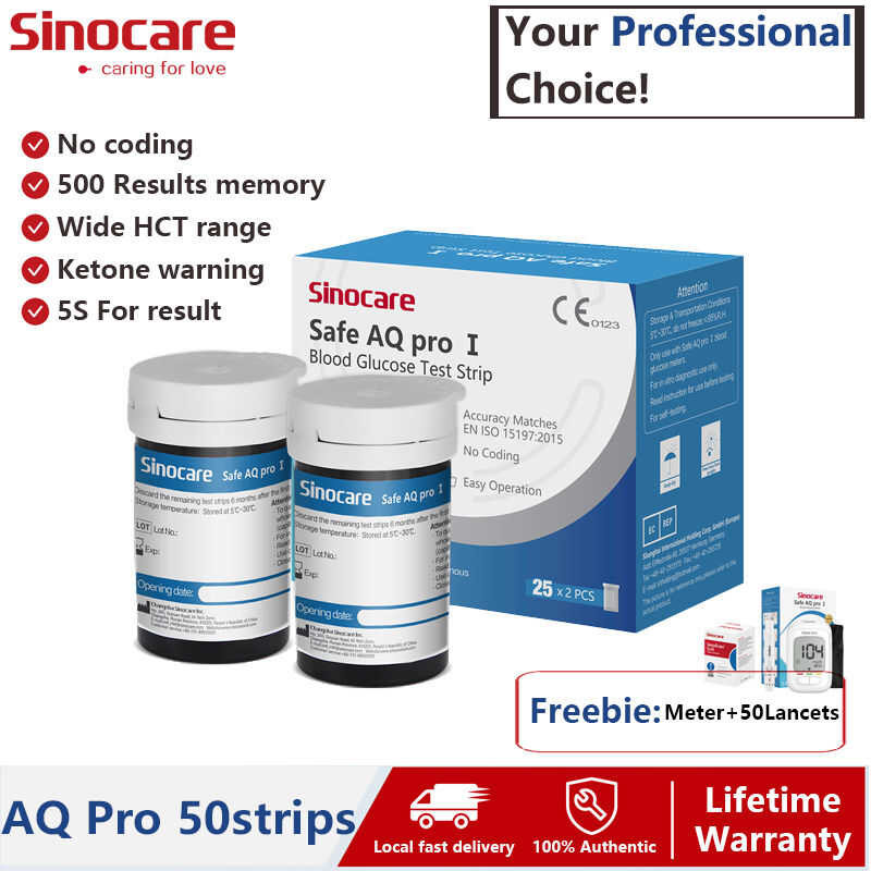 Sinocare (Freebie: Safe - AQ Pro I Glucometer) Blood Glucoe Tet Strip ...