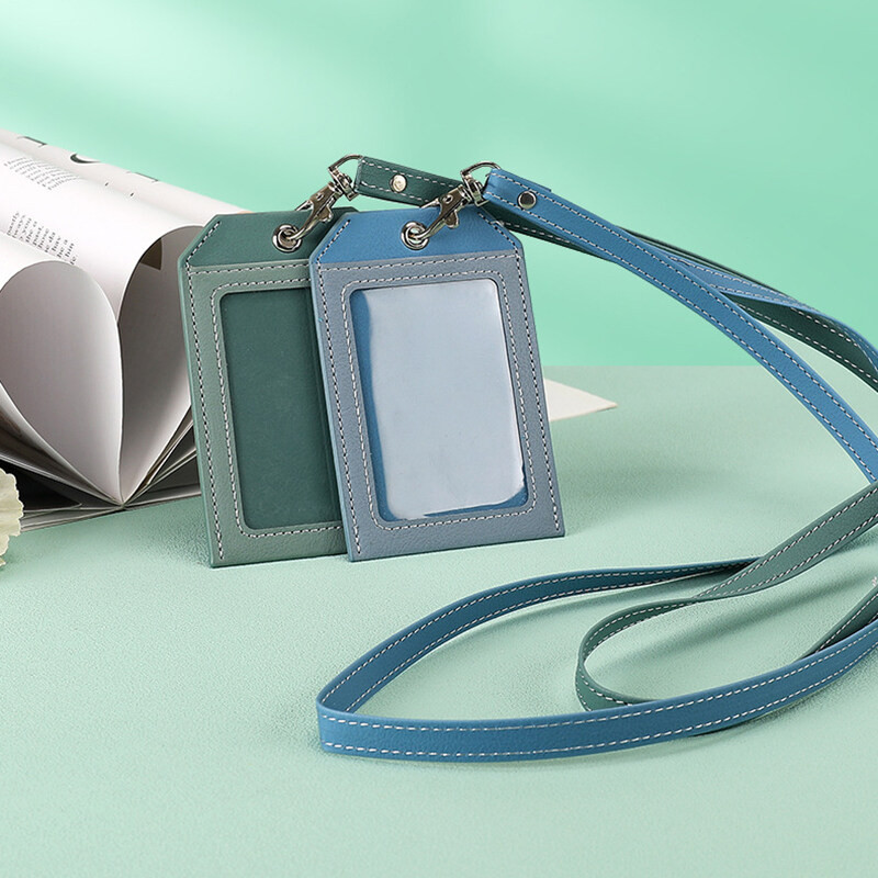 2 Card Slot Employee Work ID Card Set Hanging Rope PU Leather Bus Meal ...