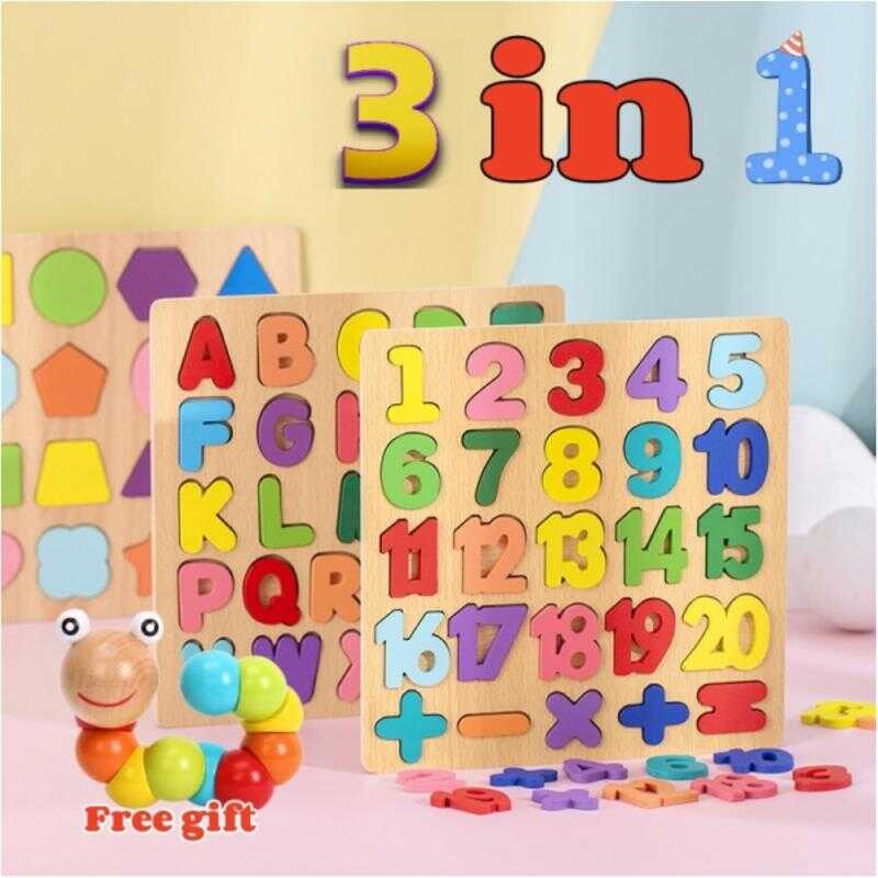 3 in 1 ABC Alphabet Digital Puzzle Wooden Toys Kid Number Letter shape ...