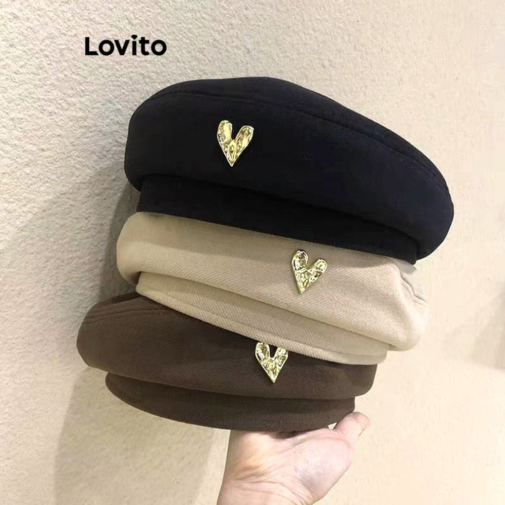 Lovito Women Romantic Plain Heart Berets British Style Noble Versatile ...