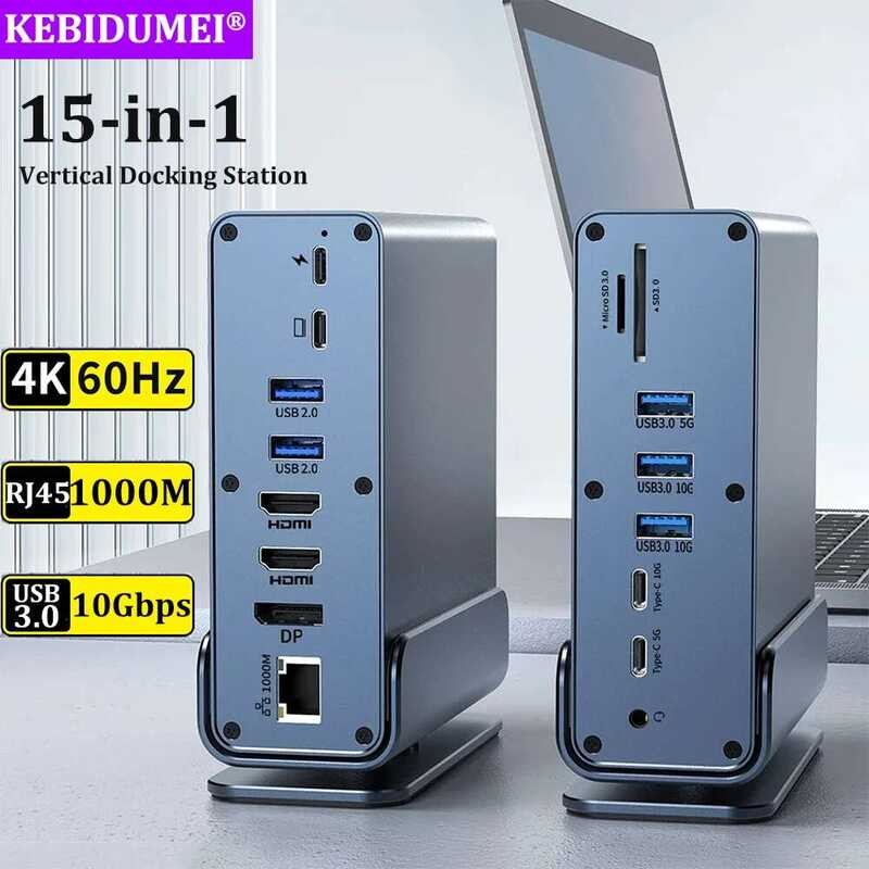 15 in 1 USB-C Docking Station 4K HD Verticale Hub met Triple