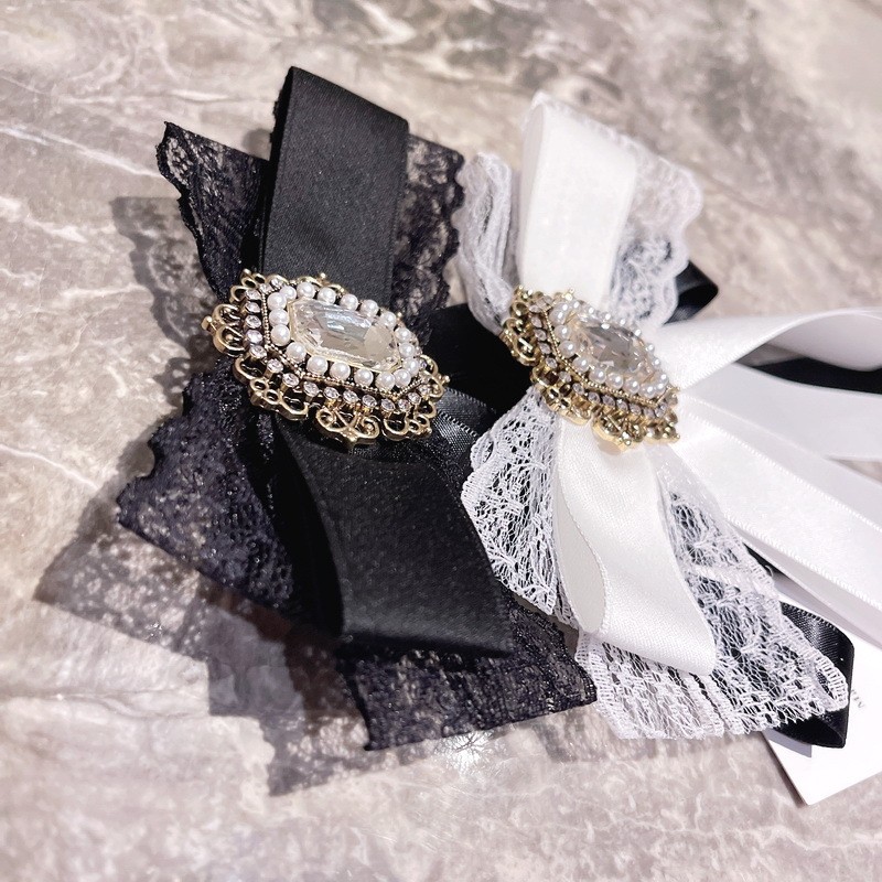 Elegant Lace Ribbon Bow Tie with Pins Luxury Rhinestone Crystal Collar ...