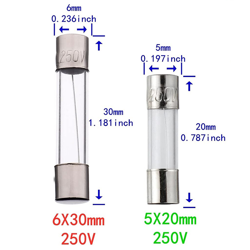 10Pcs 5x20mm 6x30mm Glass Tube Fuse Kit 250V 0.1A 0.2A 0.5A 0.8A 1A 2A ...