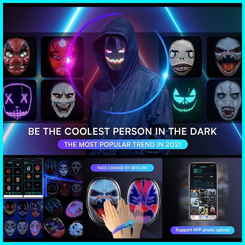 LED Glowing Mask Halloween APP Programmable Full Color Mask Bluetooth ...