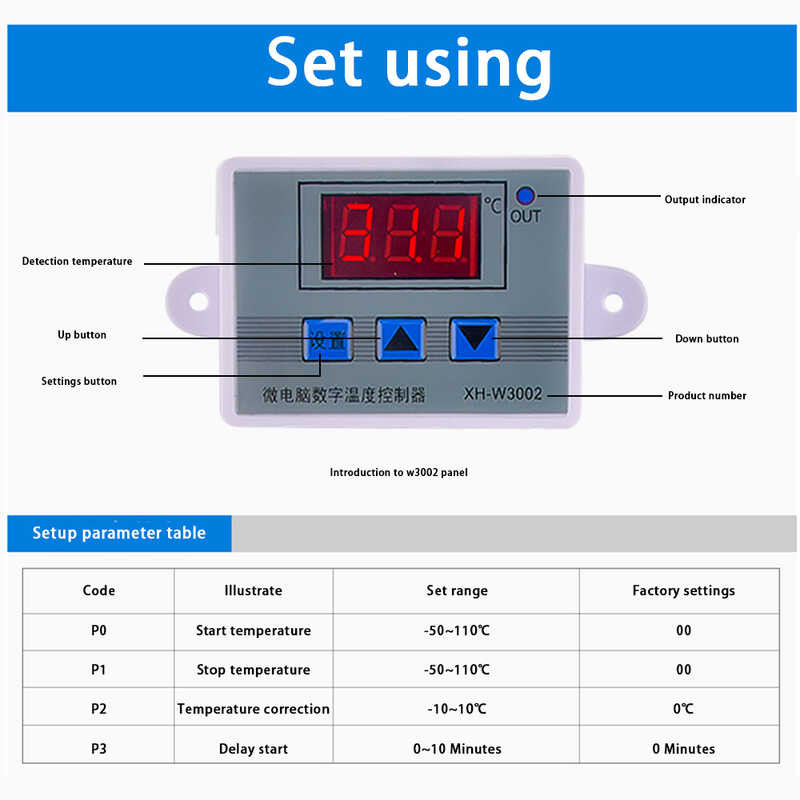 12V 24V W3002 110V 220V 10A Digital LED Temperature Controller