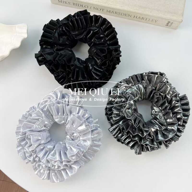 INS Korean High-End Heavy Craft Silver Gray Ruched Lace Tie Sweet Cool ...
