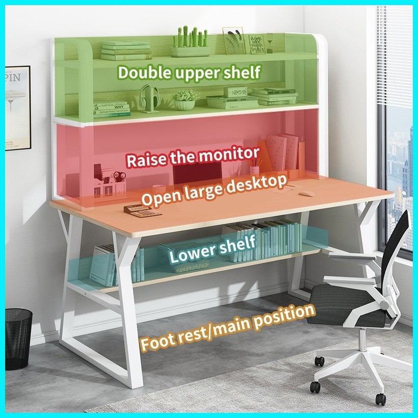 【Double Layer Thickening】Student Study Table 80/100/120CM Desk Bookcase ...