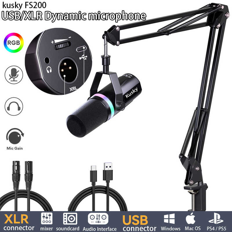 Podcast Kusky Fs200 Dynamic Microphone Usb/Xlr Dual Mode RGB USB Gaming