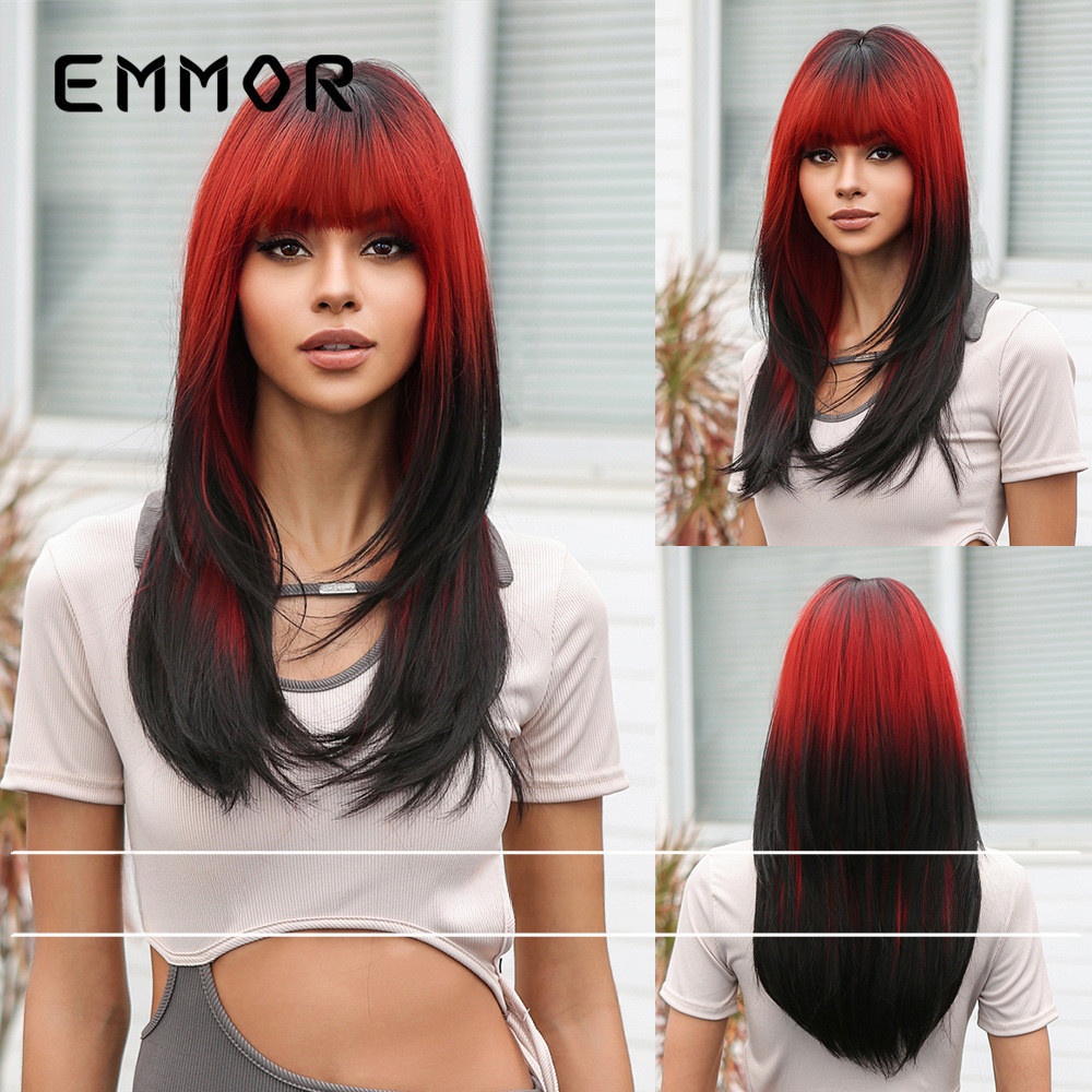Cos Wig Cross-Border Ladies Qi Bangs Black Gradient Red Long Hair ...