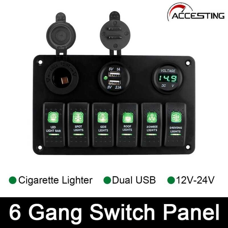 DC 12V/24V 4/6 Gang Rocker Switch Panel LED Digital Voltmeter Dual USB