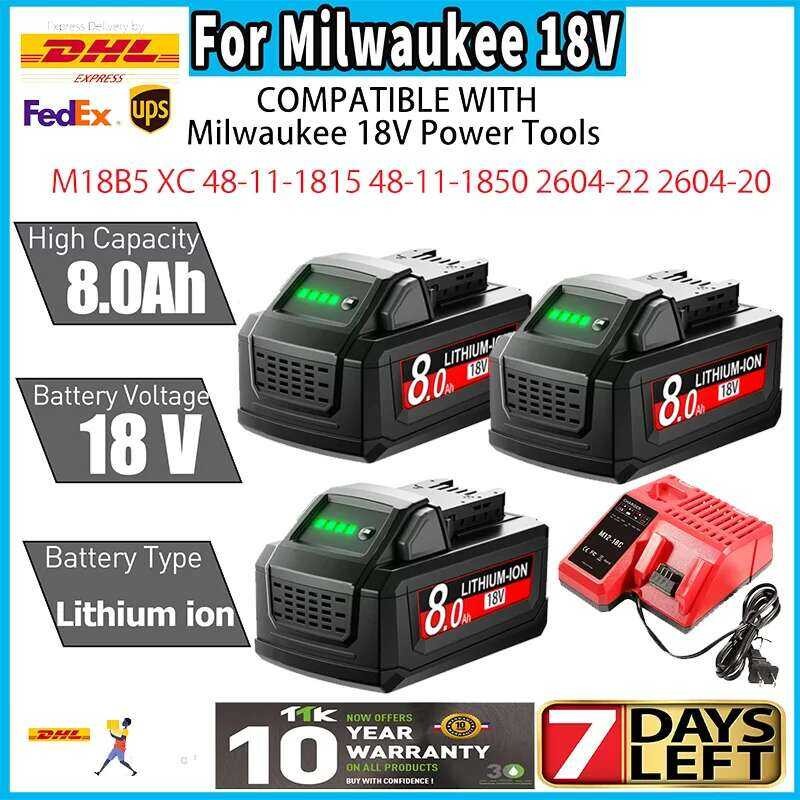 2-Pack 8.0Ah Replacement Milwaukee M18 Battery Kit With Dual Charger – Compatible With 18V Tools