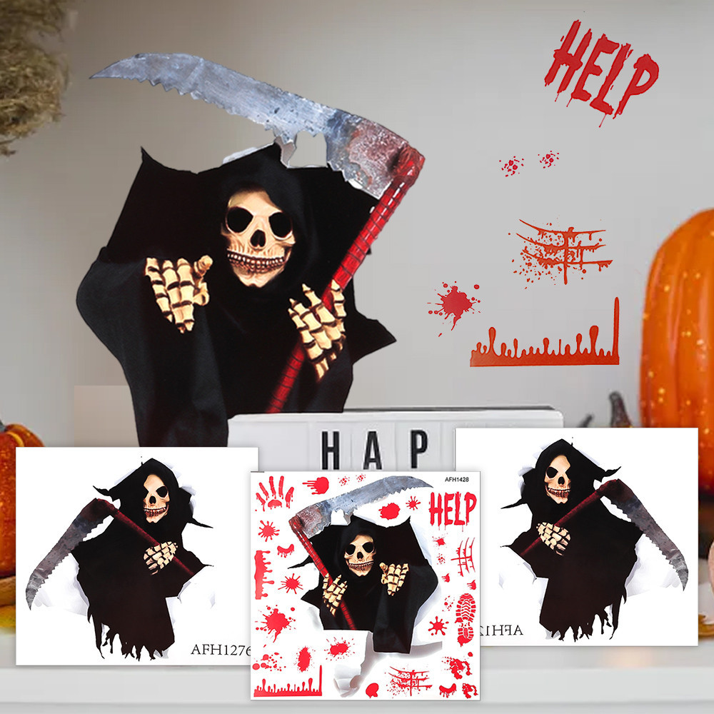 Halloween Skull Axe Wall Floor Sticker - Horror Blood Hand Print Door ...