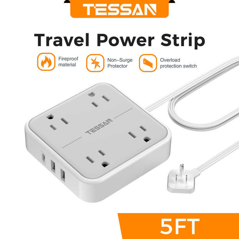 LY Ultra Power Strip Cord, TESSAN Thin USB Ports, 5 FT Flat Wall Plug