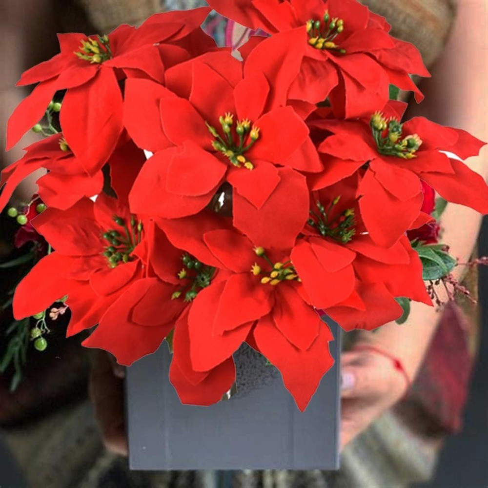 Poinsettias Artificial Christmas Flowers Bouquet 5 Heads 15.7” Red ...