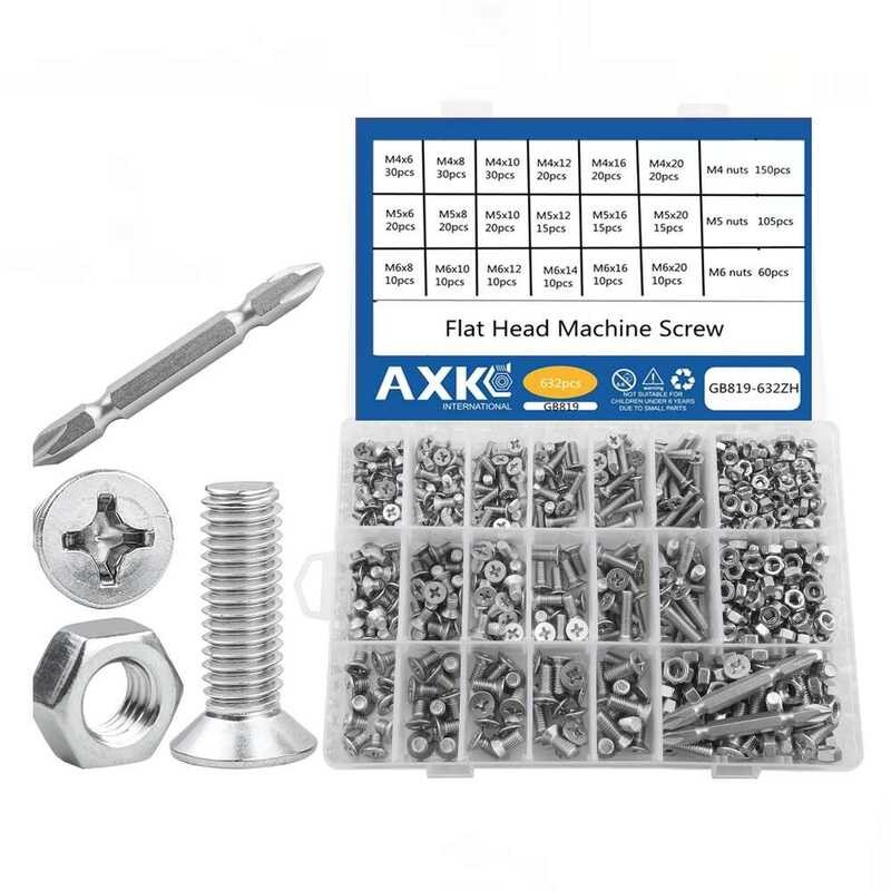W AXK Phillips Set M4-M8 Stainless Countersunk Flat Hine Screw Nut ...