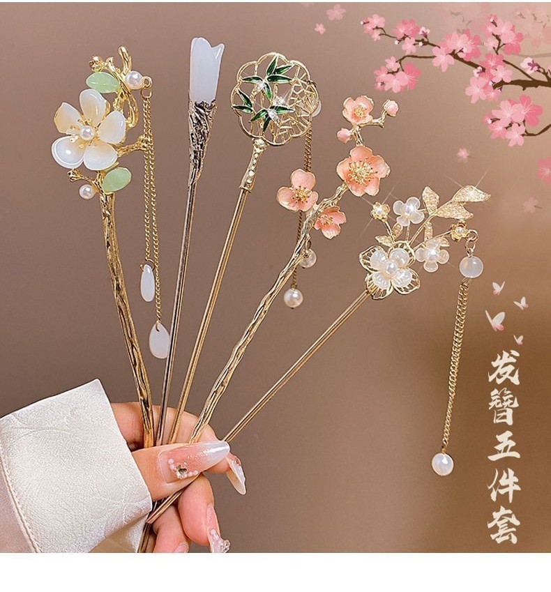 25 Pcs Pink Peach Blossom Tassel Retro Hairpin Sweet Girl Temperament