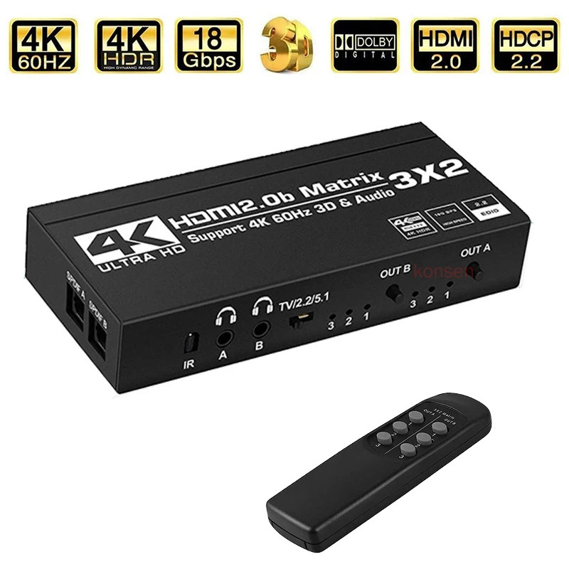Tendak HDMI Matrix 3x2 4K@60Hz - Switch Met Audio Extractor En Afstandsbediening