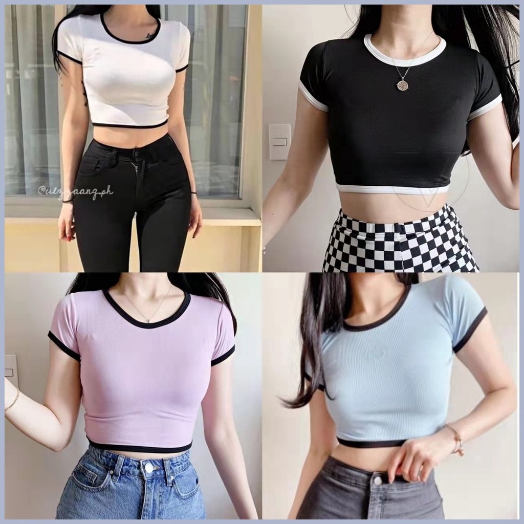 Crop Ringer Crop top Tees Ladies Rib-knit tops free size for women ...