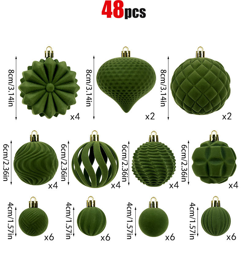 48pcs Flocking Christmas Ball 4/6/8cm Set Plastic Ball Army Green Wine ...