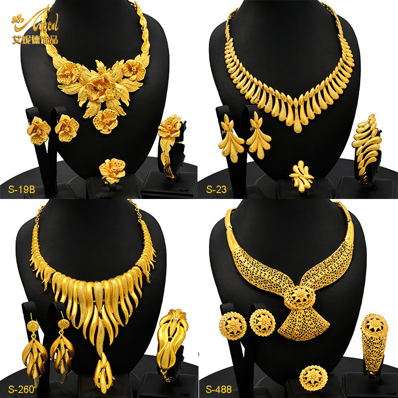 Luxury Flower Shape Golden Necklace Sets for Women Wedding Dubai ...