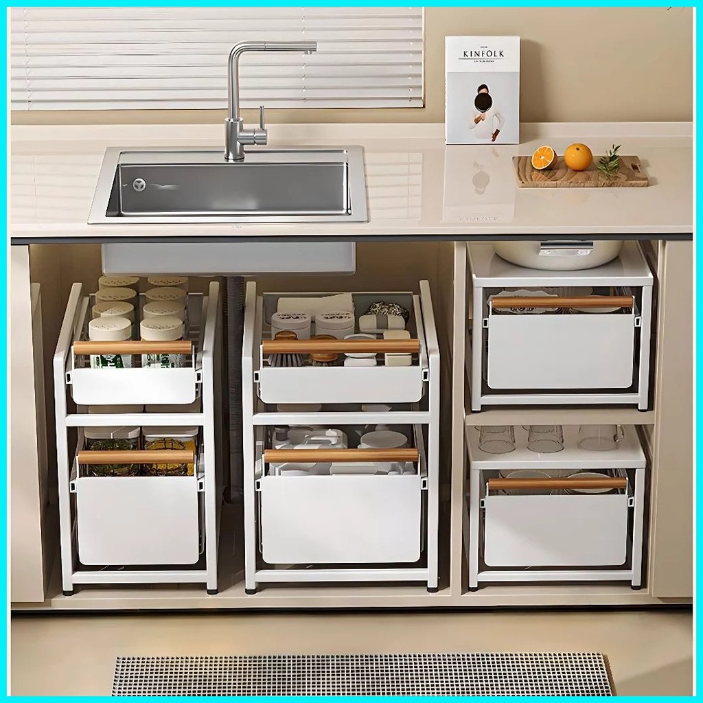 Kitchen Storage Pullout Basket Rack With Wooden Handle White Under Sink ...