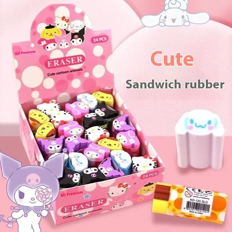 Sanrio 12/24Pcs Cartoon Eraser Cute Kuromi Cinnamoroll Hello Kitty ...