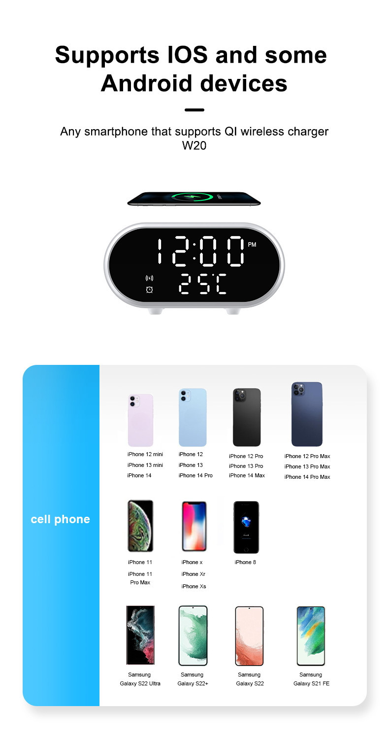 2024 Led Display Digital Alarm Clock With Qi Wireless Charger