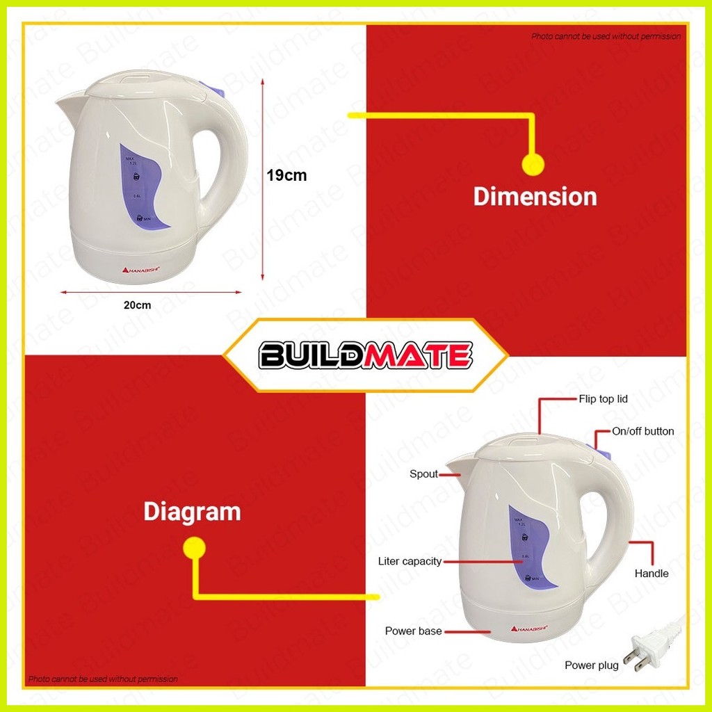 ۞ BUILDMATE Hanabishi Cordless Water Kettle 1.2L 850W Water Heater Hot