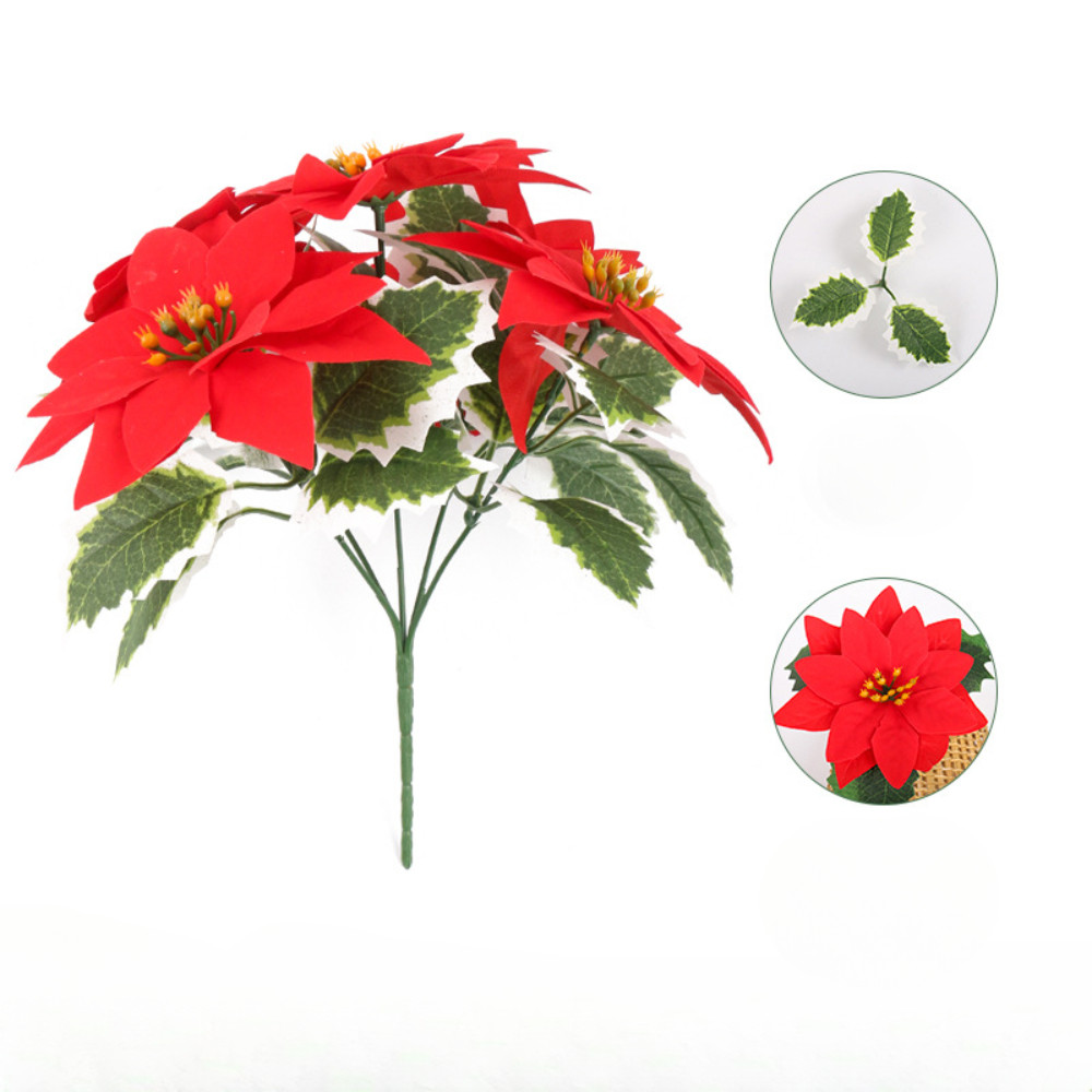 5 Heads Christmas Artificial Flowers Poinsettia Flowers Red Silk ...