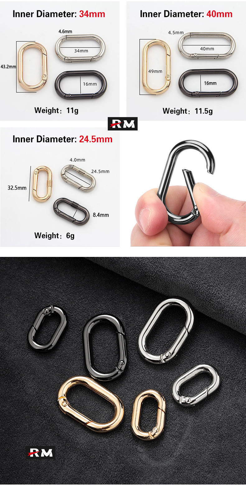 [2 Pcs] Zinc Alloy Oval Spring Buckle Ring Sewing-Free Bag Hook Buckle ...