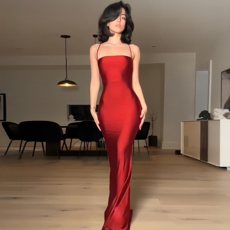 Women's Clothing 2025 Red Backless Long Silk Dress Lace-up Chest Wrap ...