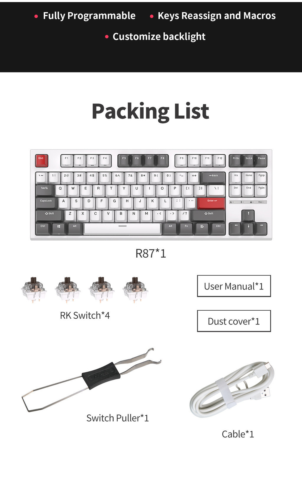 Royal Kludge RK R87 87 Key Wired Professional Game Hotswap Mechanical ...