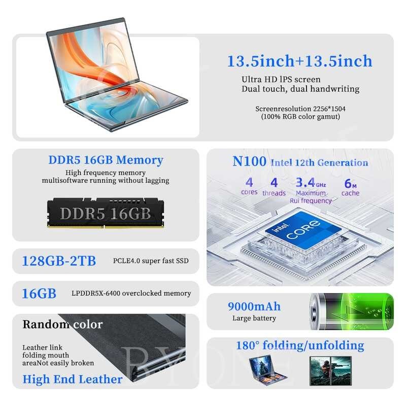 BYONE Laptop 13.5+13.5 Dual Touch Screen Intel N100 180 ° Flipped