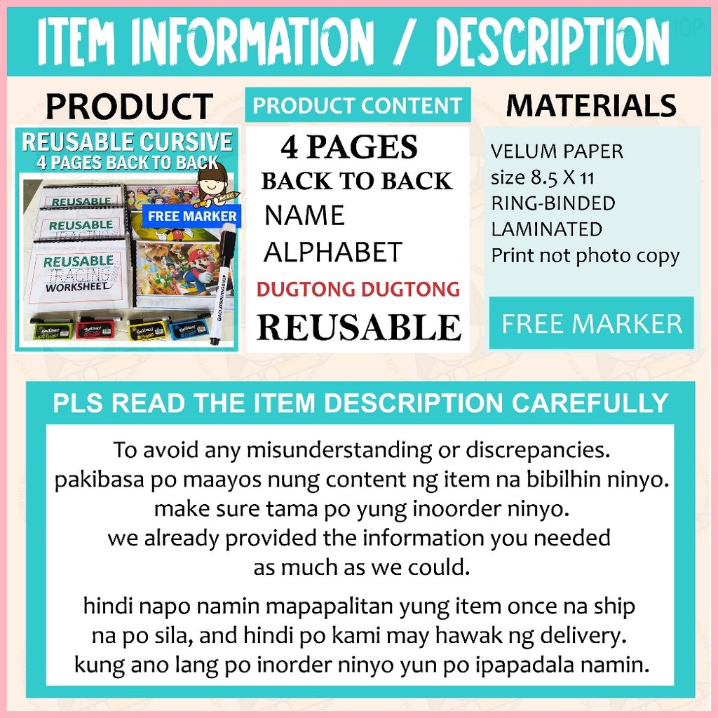 CURSIVE REUSABLE TRACING WORKSHEET for kids ( FREE MARKER & ERASER