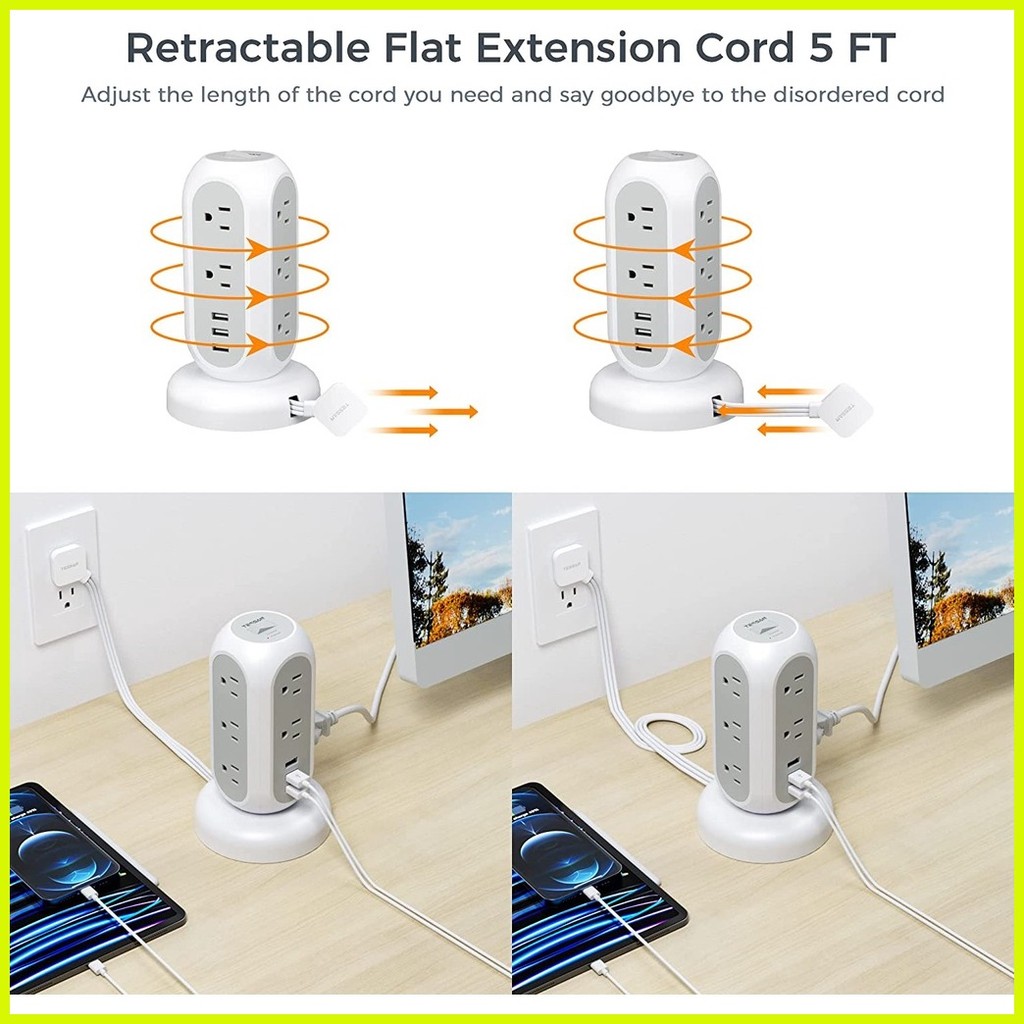 ♈ TESSAN Extension Wire with USB+Type C,Flat Plug Power Strip Portable