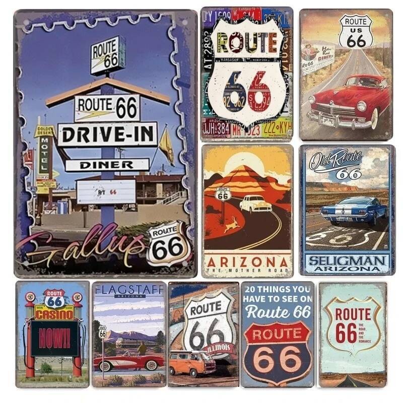 Vintage Route 66 Poster Metal Tin Sign Retro Road Signs Car Metal ...