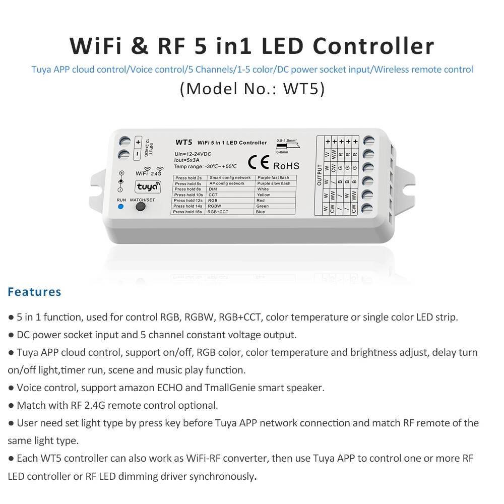 Tuya WT5 Smart RGBCCT 12V 24V DC 5 in 1 Dimmer RGB CCT RGBW RGBWW LED ...