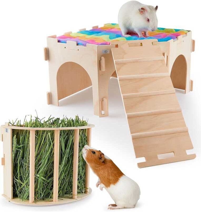 Hideout, Bienbee Large Wodden Rabbit Hideout Hay Feeder Set, Corner Pig ...