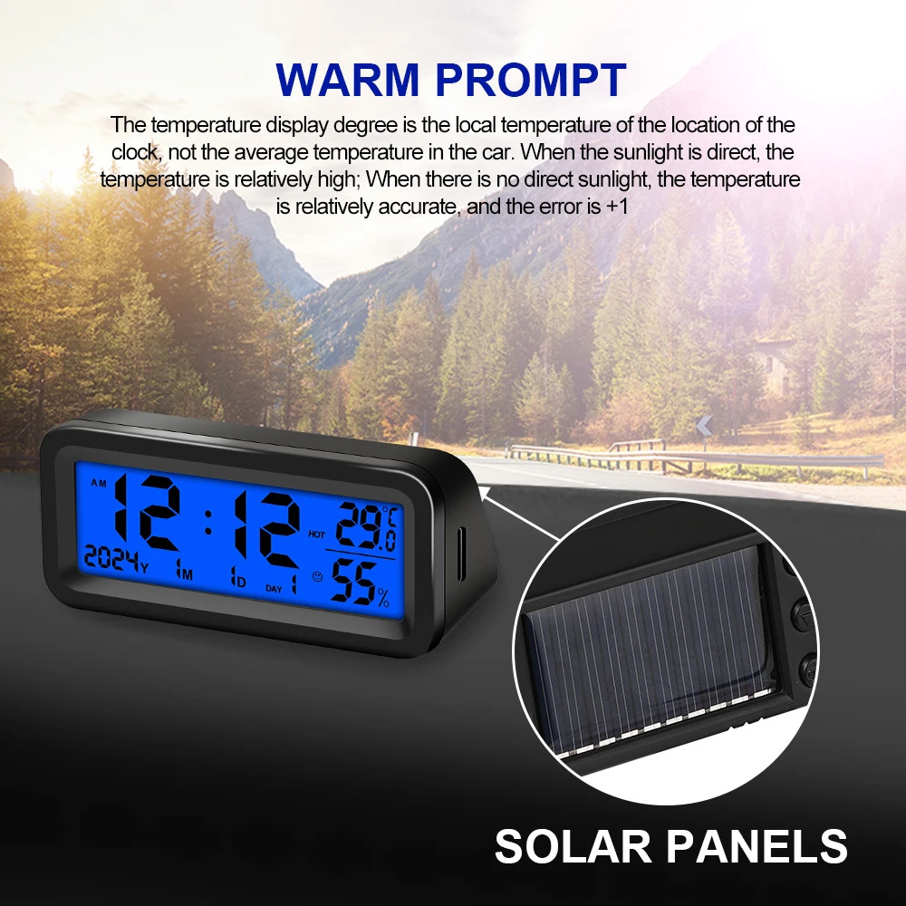 Solar Car Digital Clock Date Week Temperature Humidity LCD Backlit ...