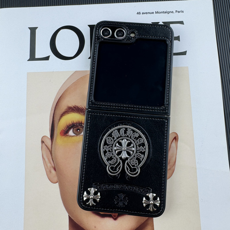 Fashion Chrome Heart Leather Case For Samsung Galaxy Z Flip 6 5 4 3 2