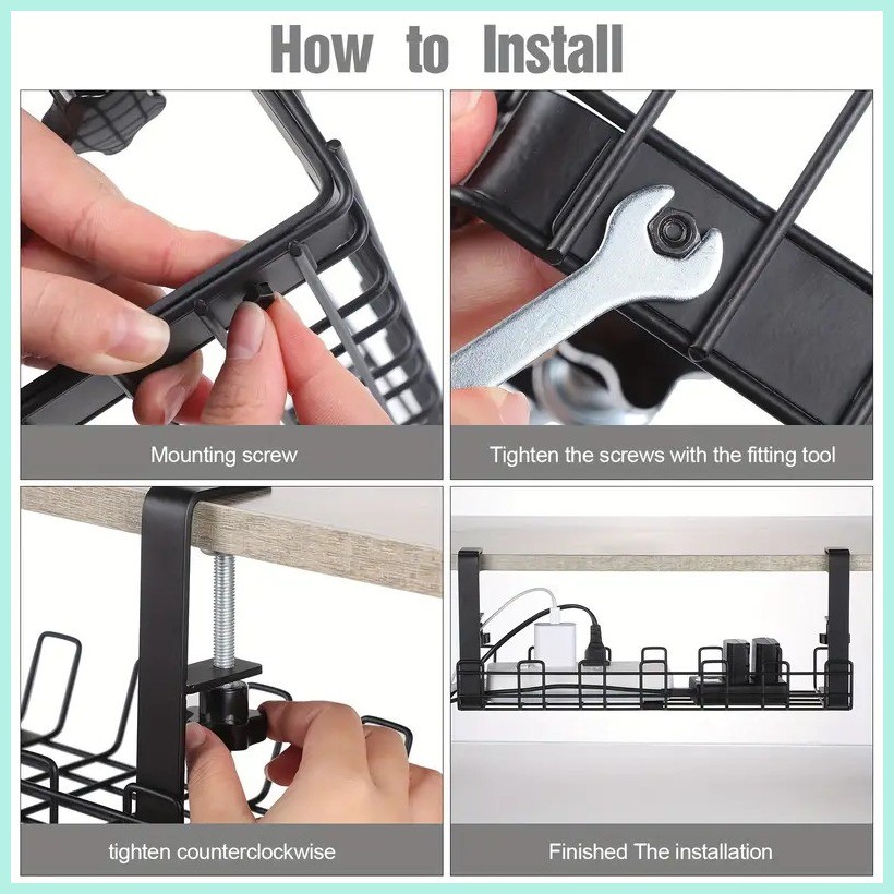 Adjustable Metal Cable Management Tray No Drill Under Desk Wire ...