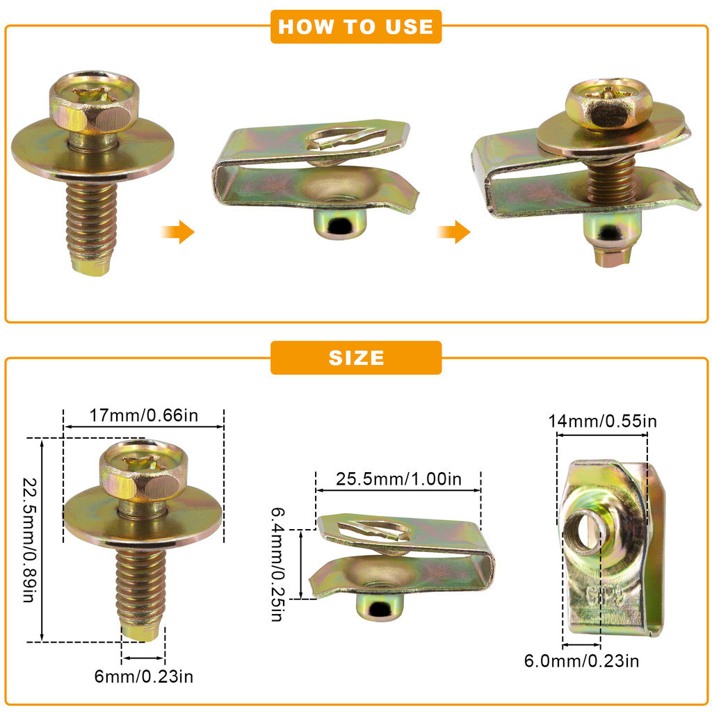 Golden Car Body Bolts U-nut Clip M6 Engine Cover Undertray Splash ...