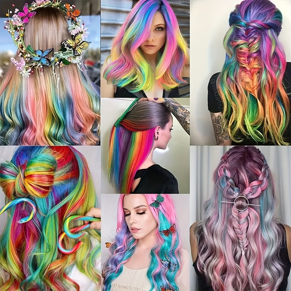 Rainbow colorful Synthetic Hair Extensions With One Clip Long Curly ...