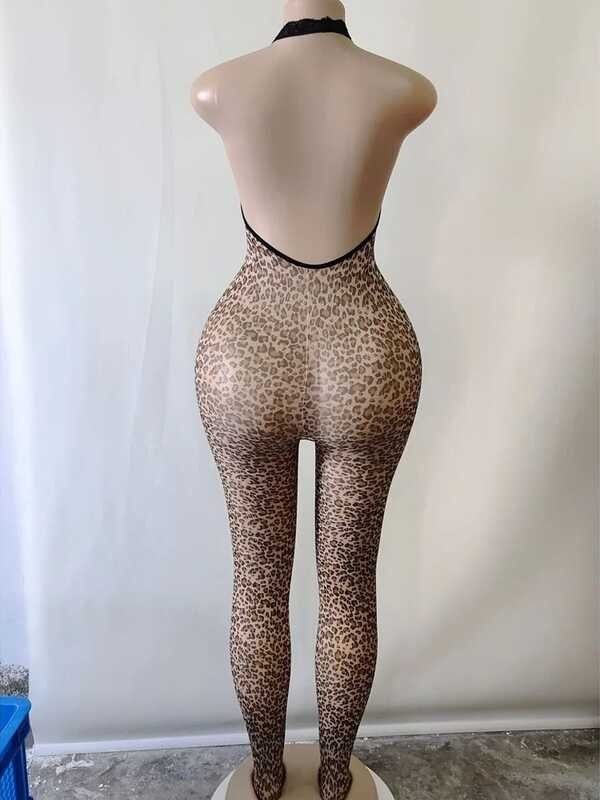 Sleeveless Halter Leopard Prints Bodystocking Backless Bodysuit Tights ...