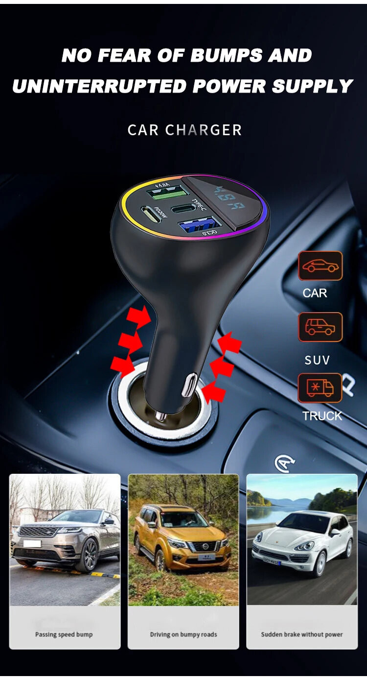 KC05 3 In 1 Charging Cable Car Charger 4 Ports USB QC 5.0 Fast Quick