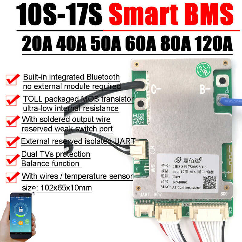 JBD 10S To 17S Bluetooth Smart BMS 14S 13S Lithium Battery Protection