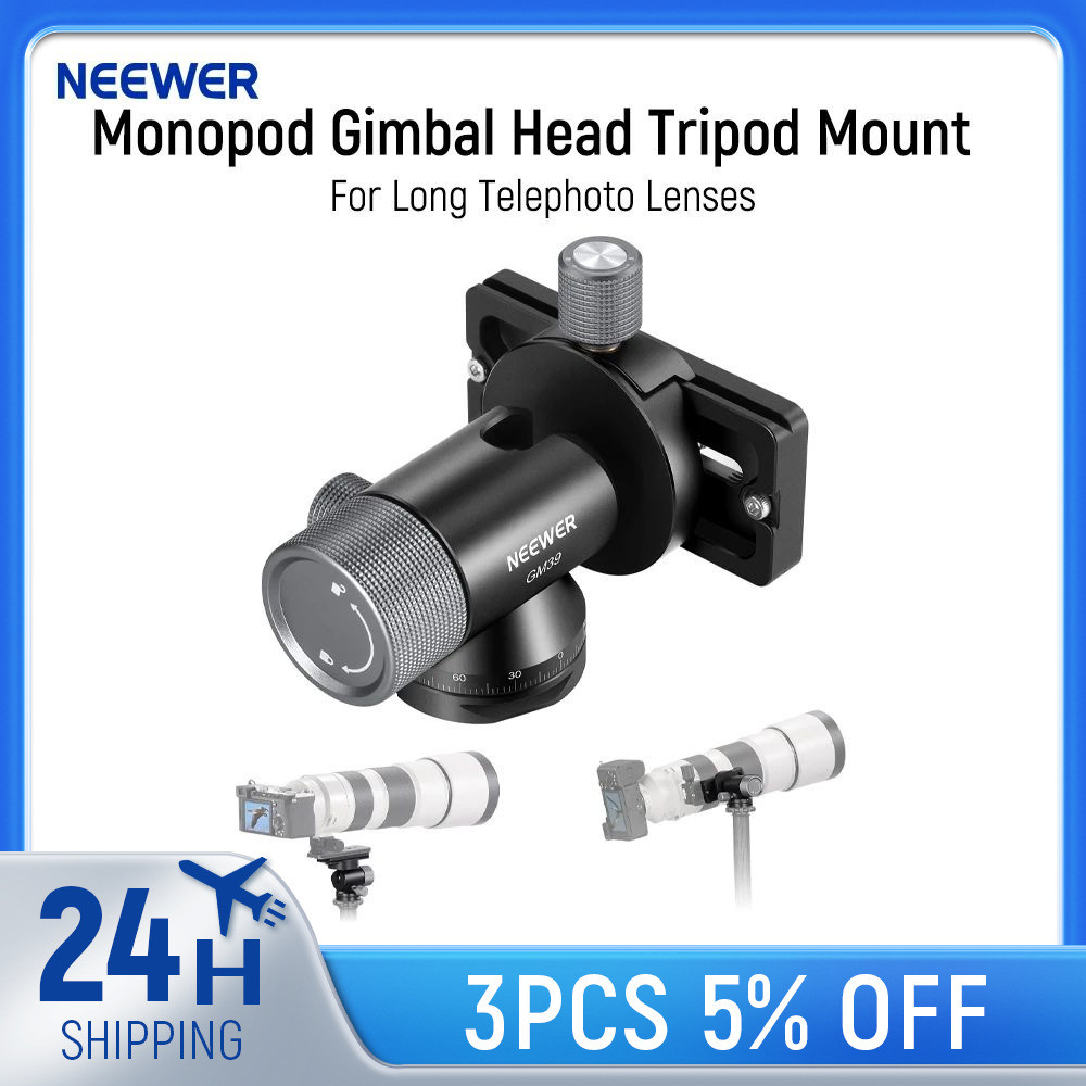 NEEWER Monopod Gimbal Head Statiefbevestiging voor lange telelenzen 360° pan en 90° tilt Monopod-kop, snelwissel Arca QR-klem en basis 3/8 schroefdraad Max. belasting 4 kg GM39