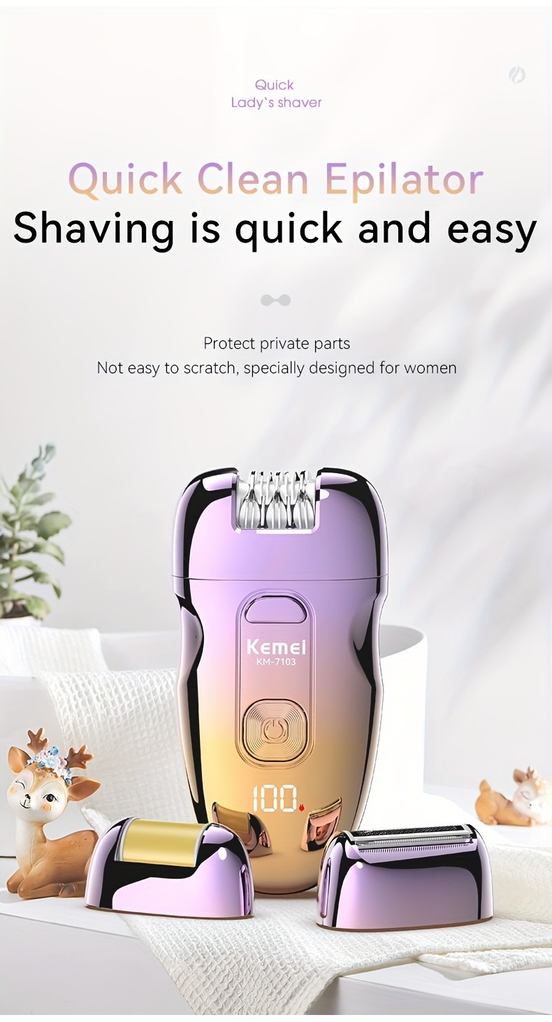 KEMEI 3-in-1 Electric Epilator Facial Cleaning Cordless Rechargeable ...