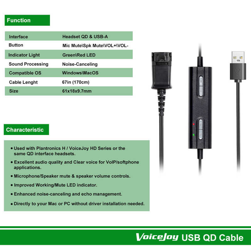 Quick Disconnect Converter VT USB Adapter Cable Compatible With Plantronic-Poly QD Headset - Quick Disconnect With Volume Control And Mute Microphone (PLT- QD-USB(01 Usb Headset With Microphone - View #3